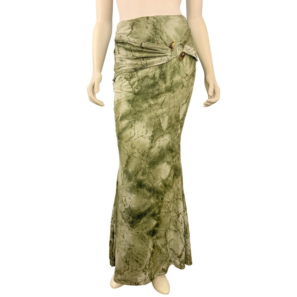 Y2K Green Fairycore Maxi Skirt Ruched Tie Dye Boho Grunge Slip Mesh Trippy